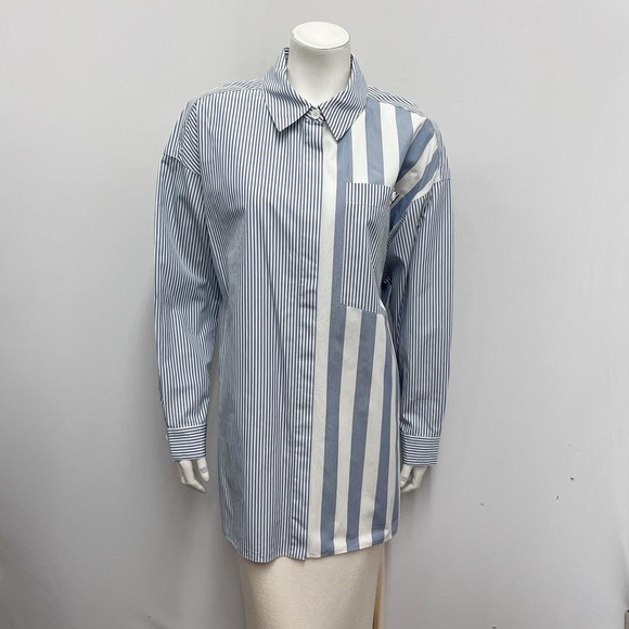 Lafayette 148 New York 100% Cotton Sriped Shirt Top Blue & White Size M/L - Picture 2 of 5